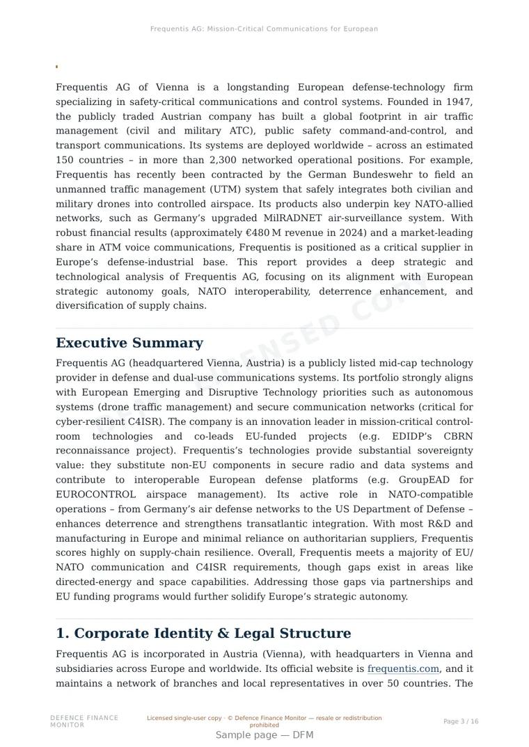 Sample page from “Frequentis AG: Mission-Critical Communications for European Defense and NATO Interoperability” — 17-page report
