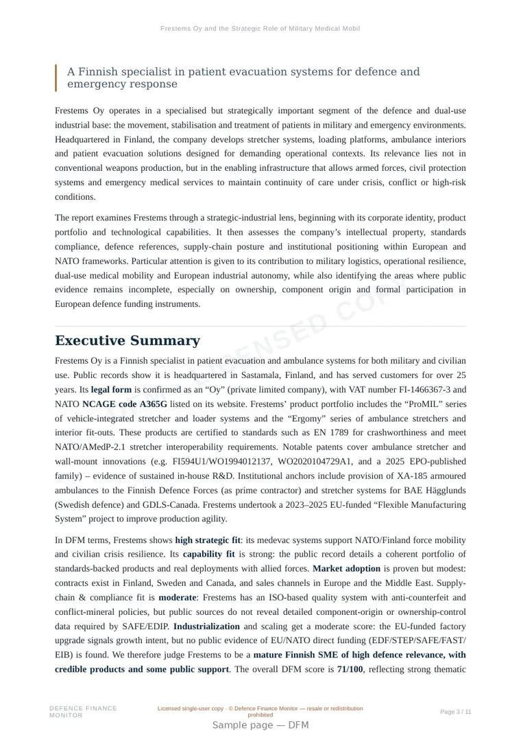 Sample page from “Frestems Oy and the Strategic Role of Military Medical Mobility” — 12-page report