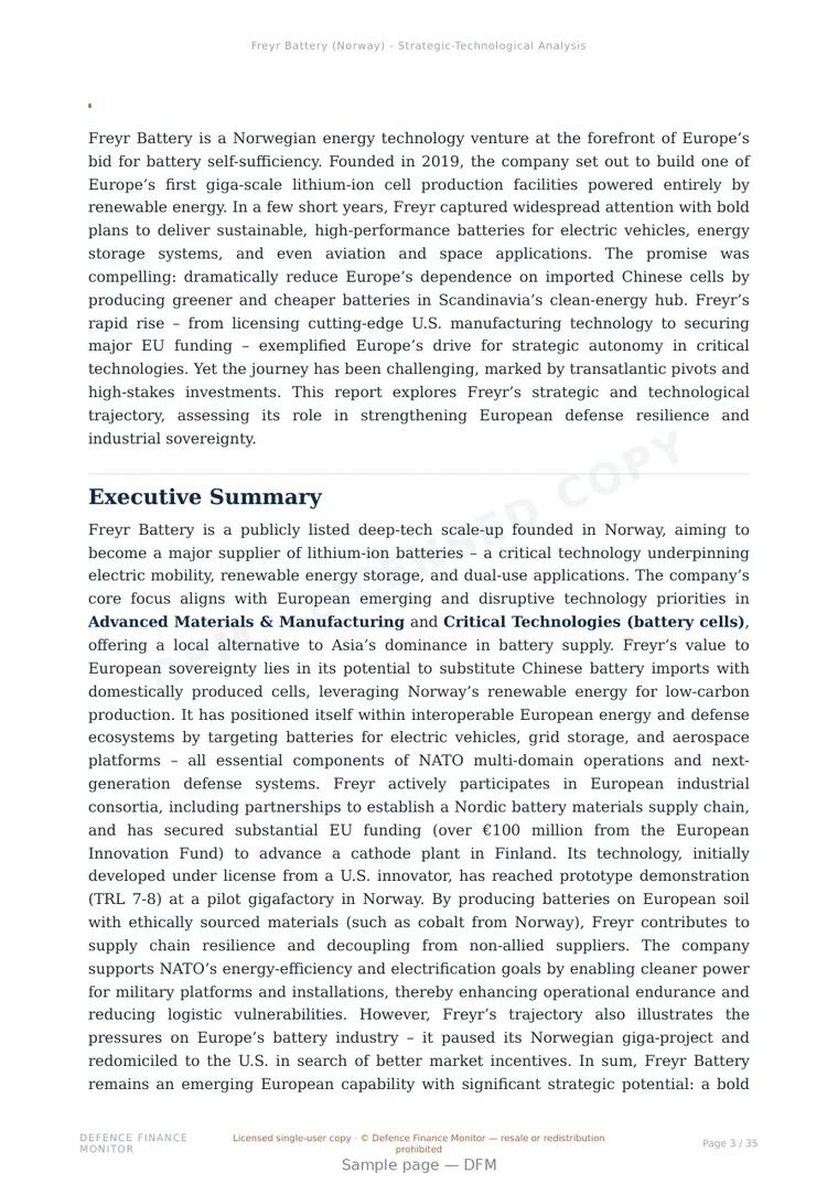 Sample page from “Freyr Battery — Norway advanced batteries company” — 36-page report