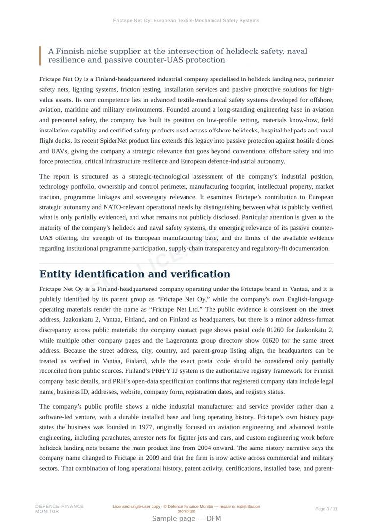 Sample page from “Frictape Net Oy: European Textile-Mechanical Safety Systems for Helideck, Maritime and Passive Asset Protection” — 12-page report