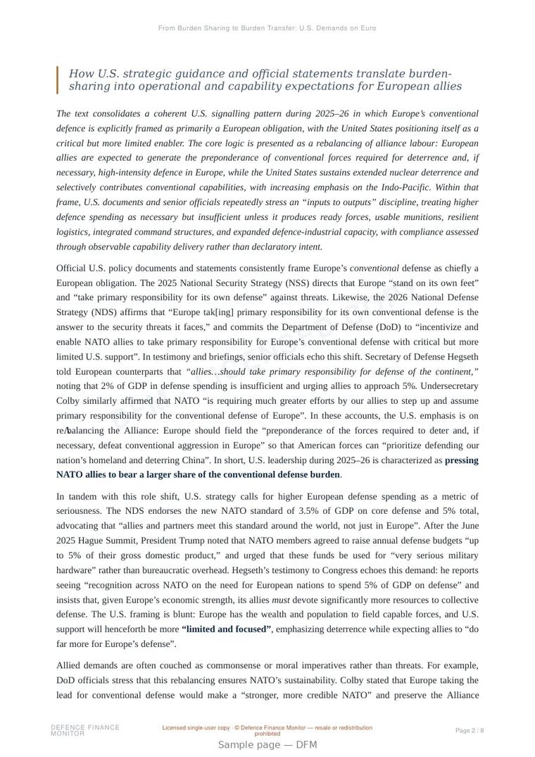 Sample page from “From Burden Sharing to Burden Transfer: U.S. Demands on European Conventional Defence” — 9-page report