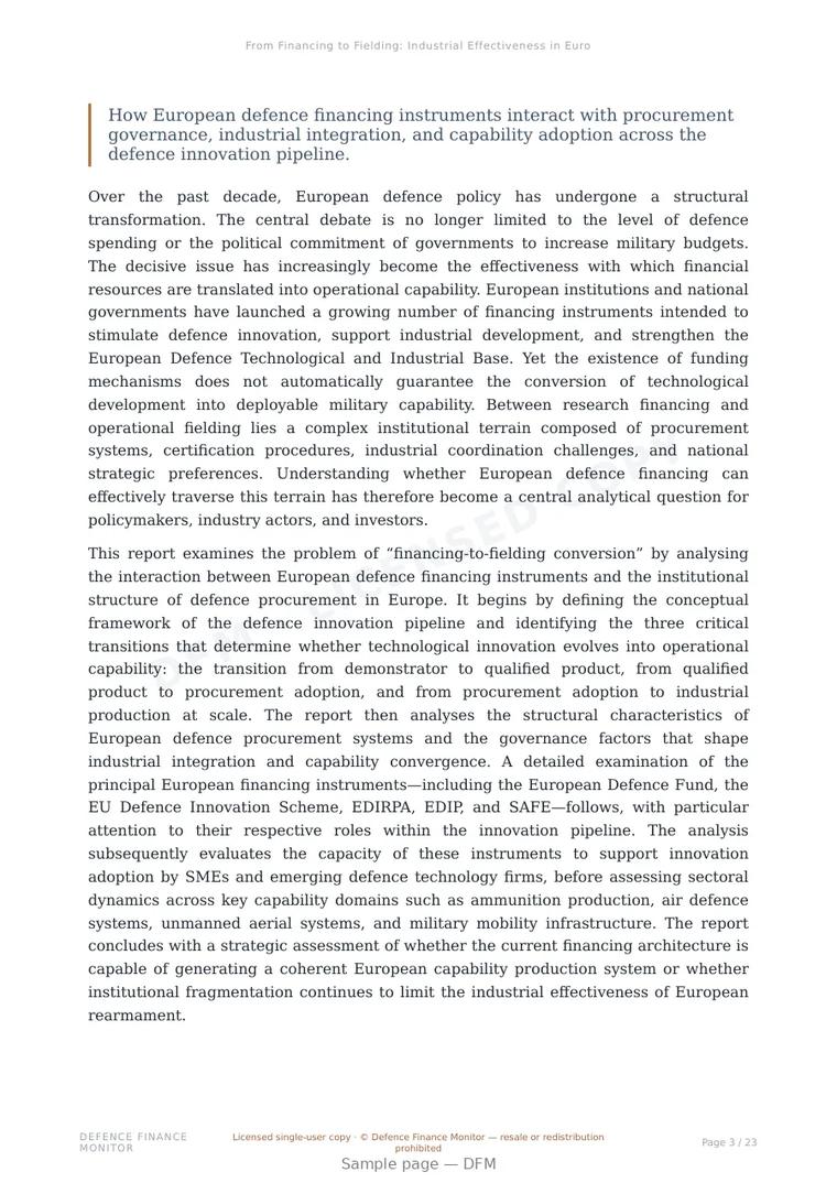 Sample page from “From Financing to Fielding: Industrial Effectiveness in Europe’s Defence Rearmament” — 24-page report
