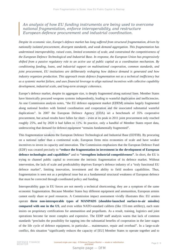 Sample page from “From Fragmentation to Scale: How EU Public Capital Is Reshaping Europe’s Defence Market” — 10-page report