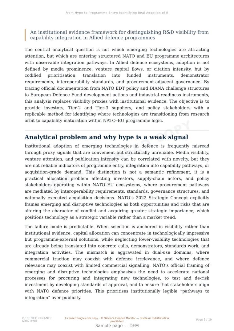 Sample page from “From Hype to Programme Entry: Identifying Real Adoption of Emerging Technologies in NATO–EU Frameworks” — 20-page report