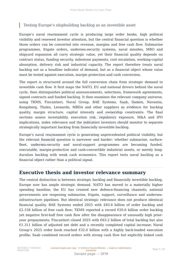 Sample page from “From Naval Orders to Cash Flow” — 20-page report
