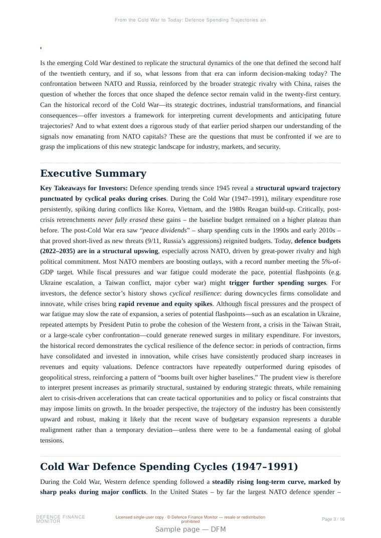 Sample page from “From the Cold War to Today: Defence Spending Trajectories and Crisis-Driven Peaks” — 17-page report