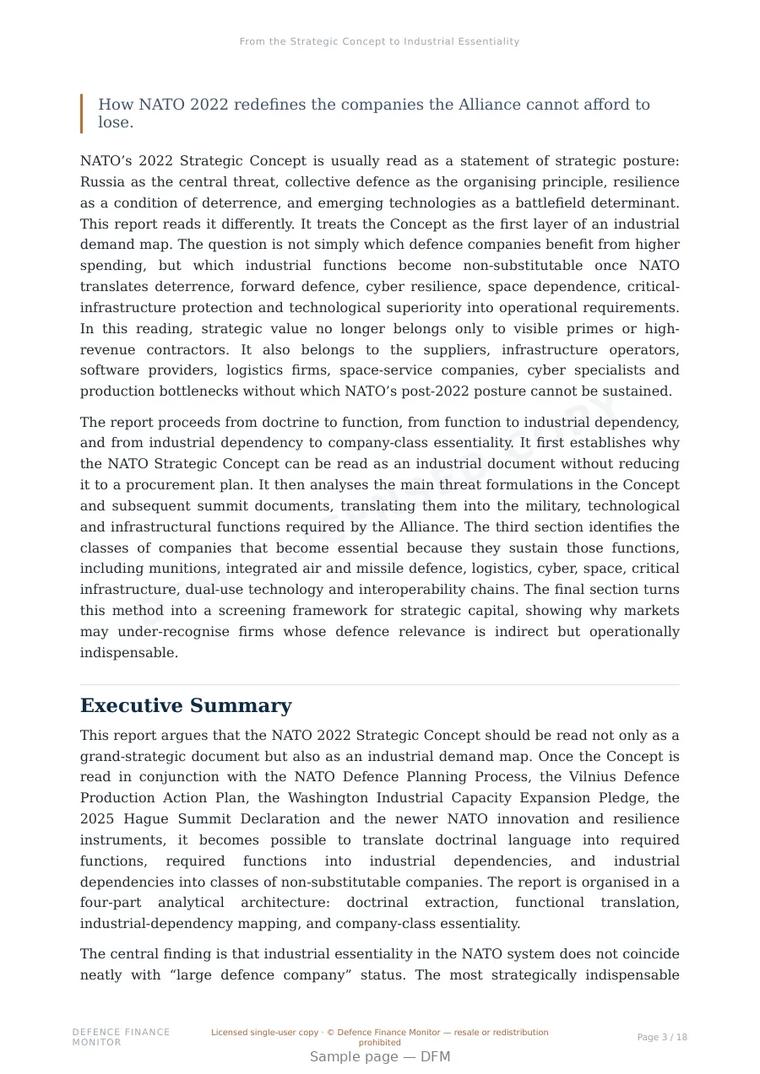 Sample page from “From the Strategic Concept to Industrial Essentiality” — 19-page report