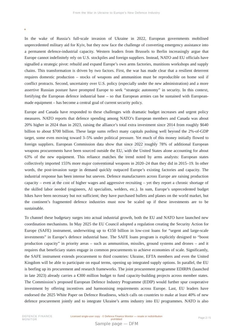Sample page from “From the War in Ukraine to Europe’s New Defence Industry” — 6-page report