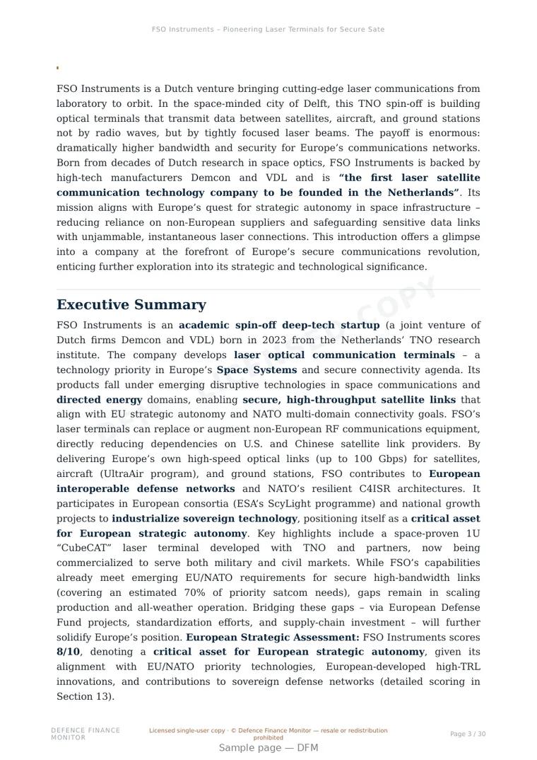 Sample page from “FSO Instruments – Pioneering Laser Terminals for Secure Satellite Communications” — 31-page report