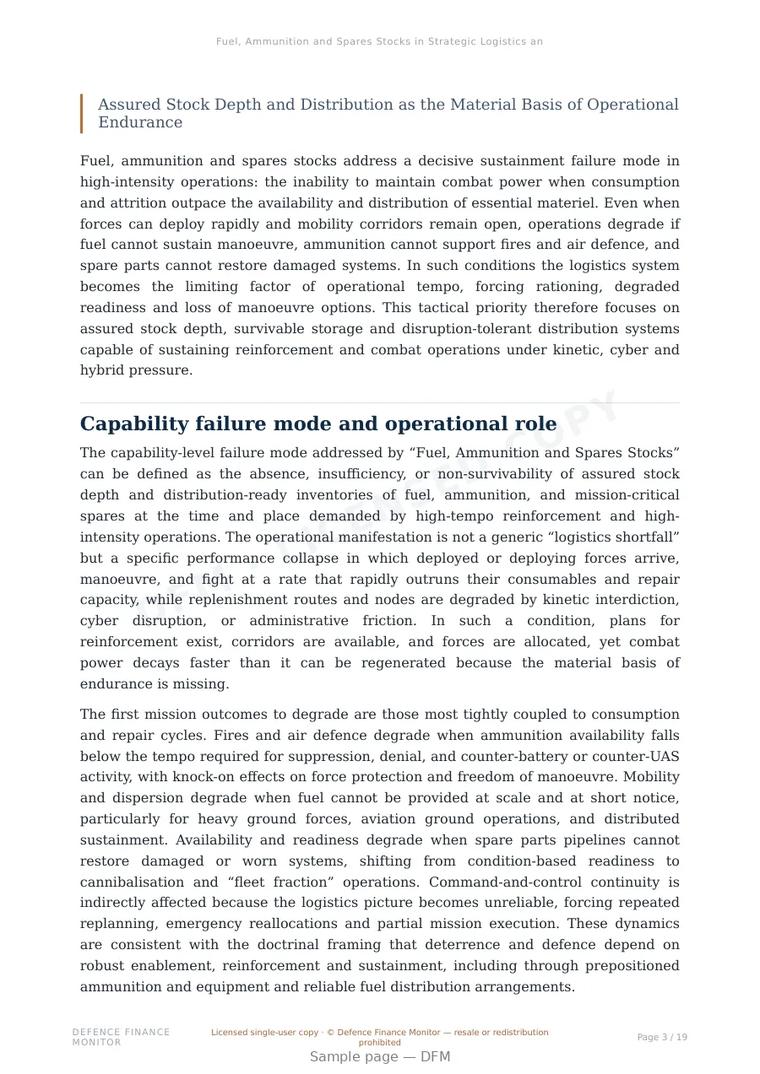 Sample page from “Fuel, Ammunition and Spares Stocks in Strategic Logistics and Military Mobility” — 20-page report