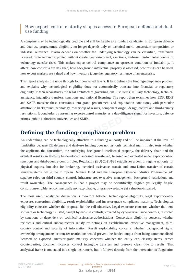 Sample page from “Funding Eligibility and Export-Control Compliance” — 12-page report