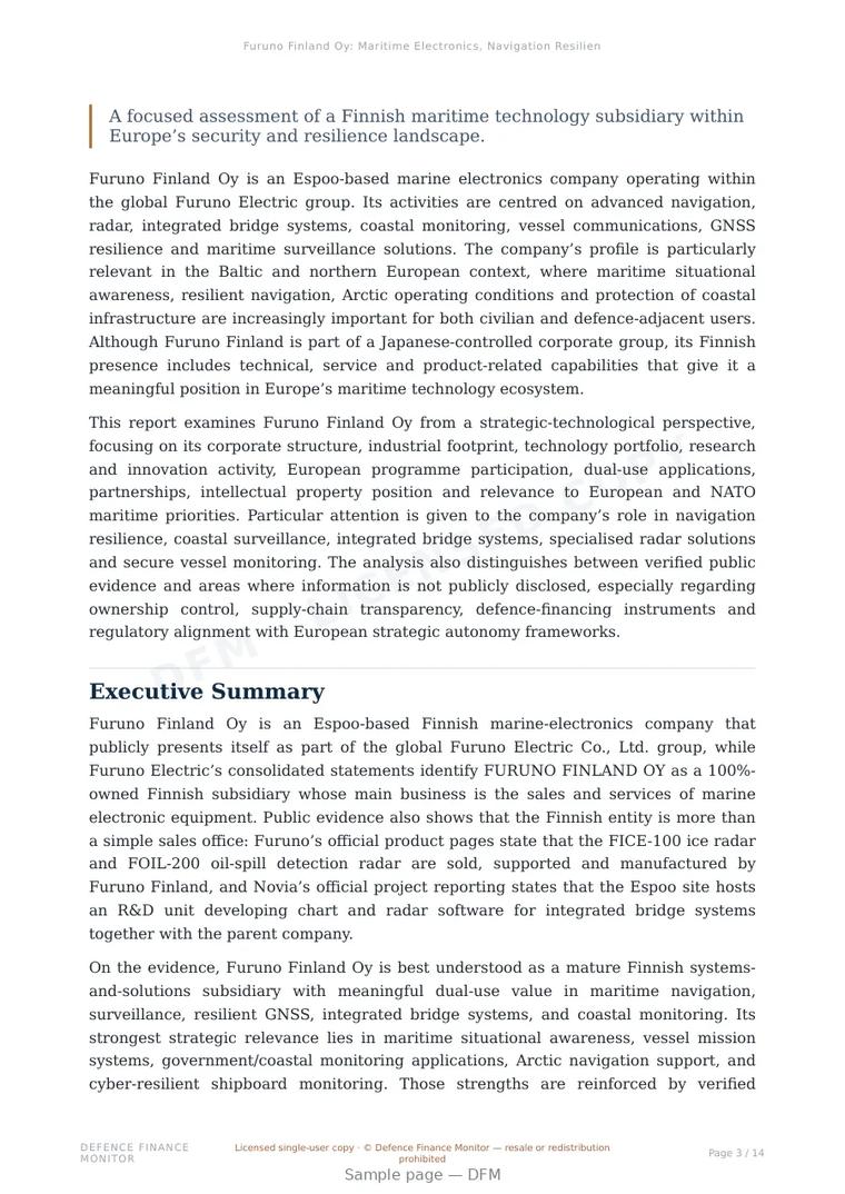 Sample page from “Furuno Finland Oy: Maritime Electronics, Navigation Resilience and Strategic Relevance in Northern Europe” — 15-page report