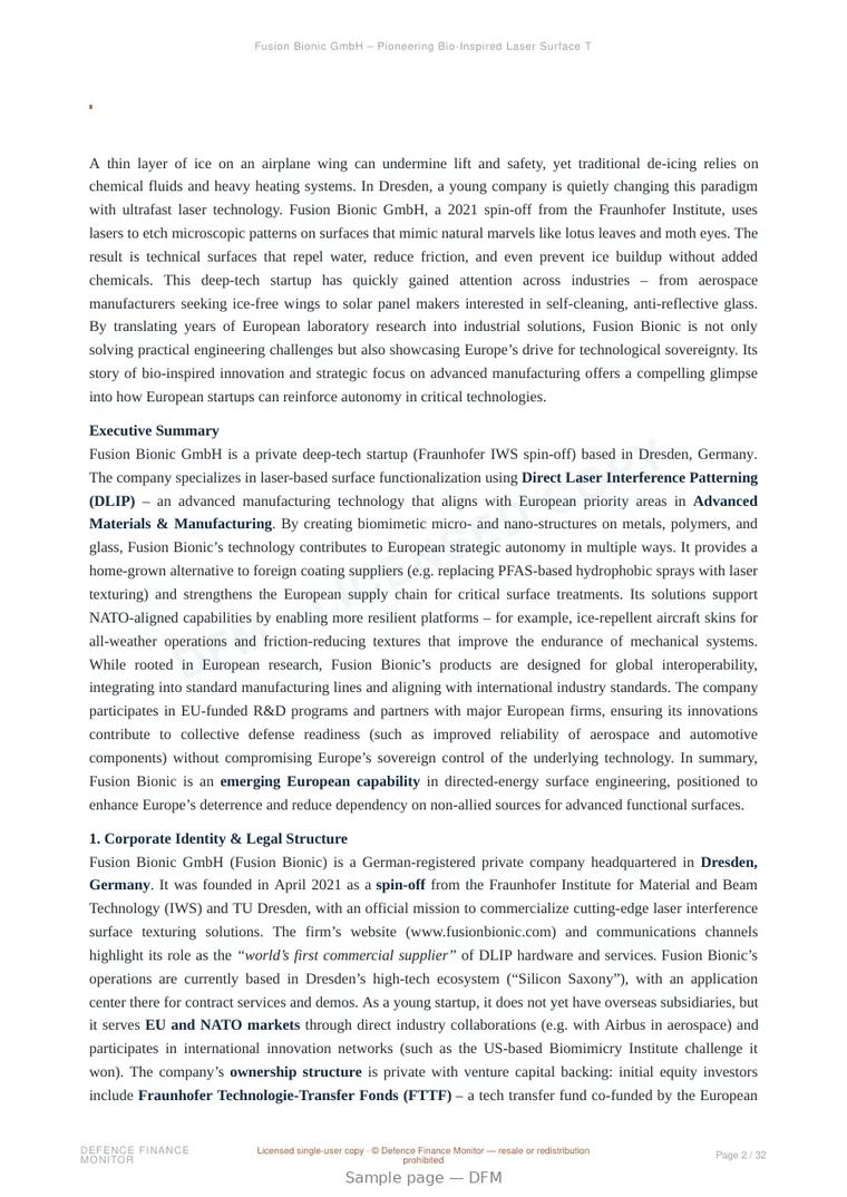 Sample page from “Fusion Bionic GmbH – Pioneering Bio‑Inspired Laser Surface Technology in Europe” — 33-page report
