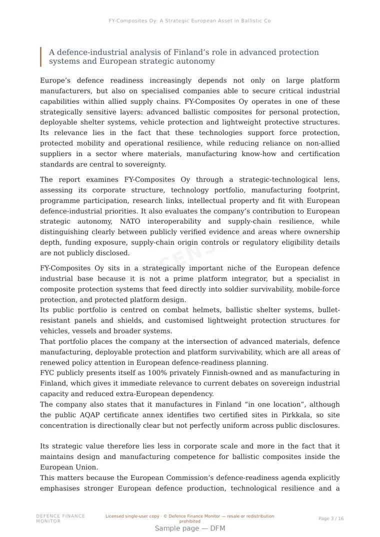 Sample page from “FY-Composites Oy: A Strategic European Asset in Ballistic Composite Protection” — 17-page report