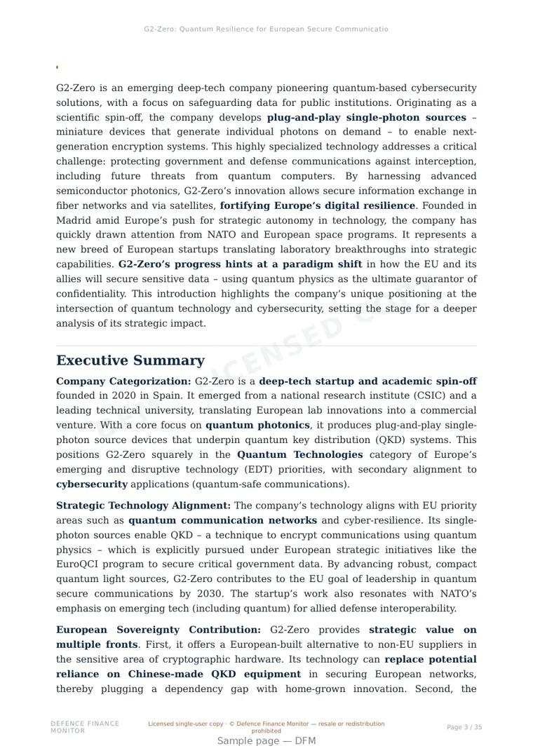 Sample page from “G2-Zero: Quantum Resilience for European Secure Communications” — 36-page report