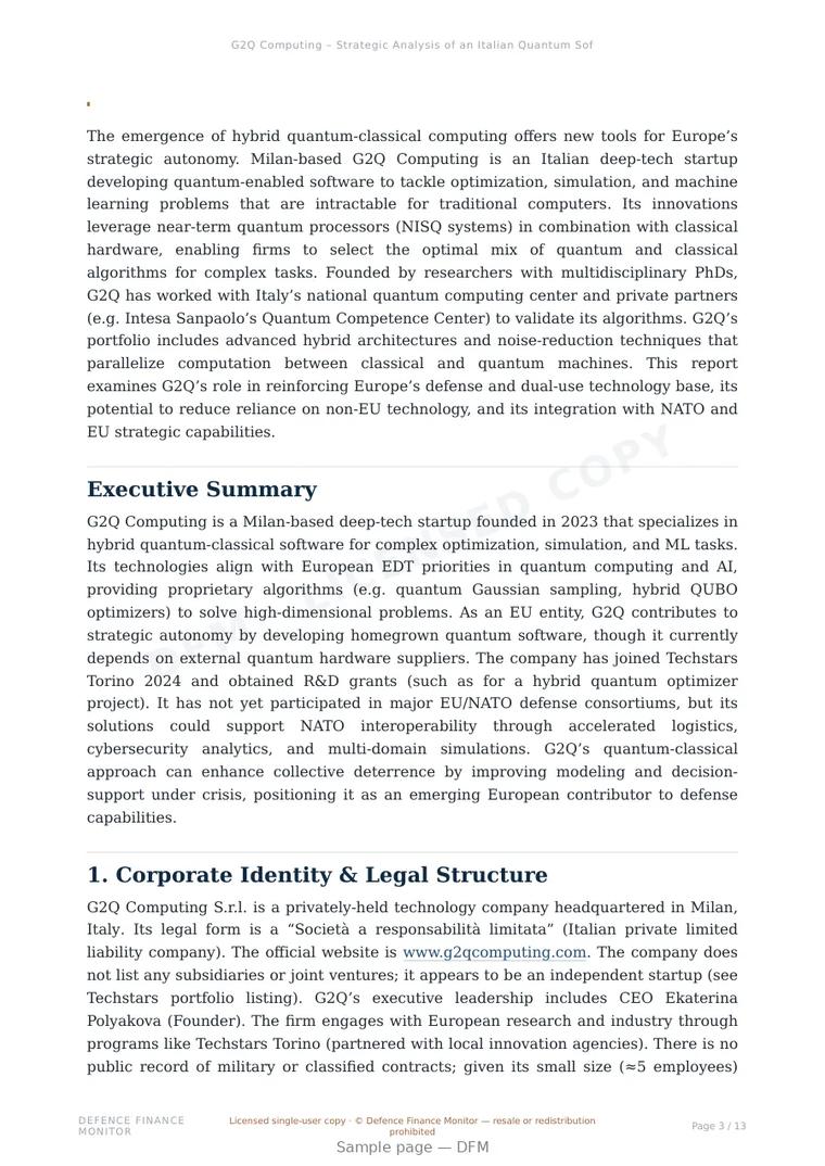 Sample page from “G2Q Computing – Strategic Analysis of an Italian Quantum Software Startup” — 14-page report