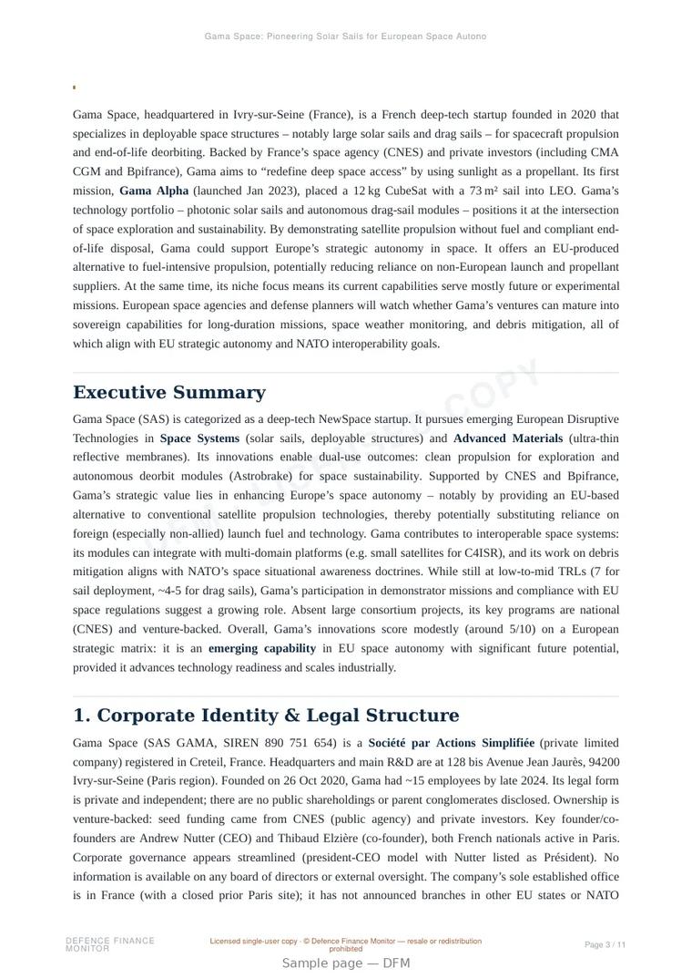 Sample page from “Gama Space: Pioneering Solar Sails for European Space Autonomy” — 12-page report