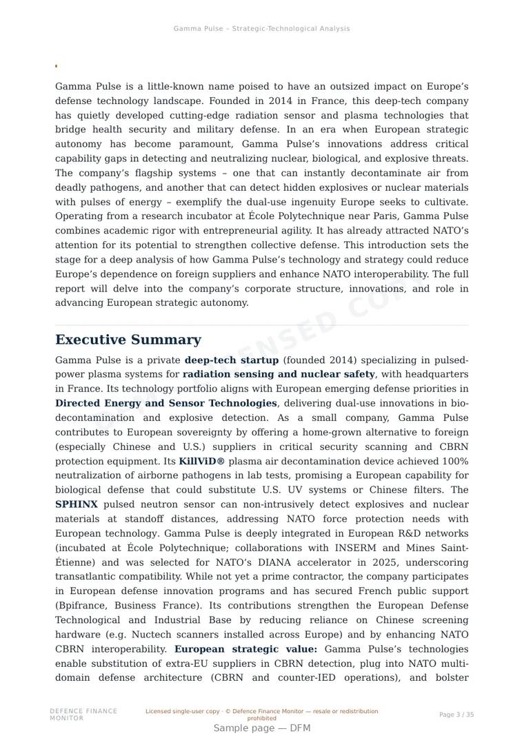 Sample page from “Gamma Pulse — France advanced sensors company” — 36-page report