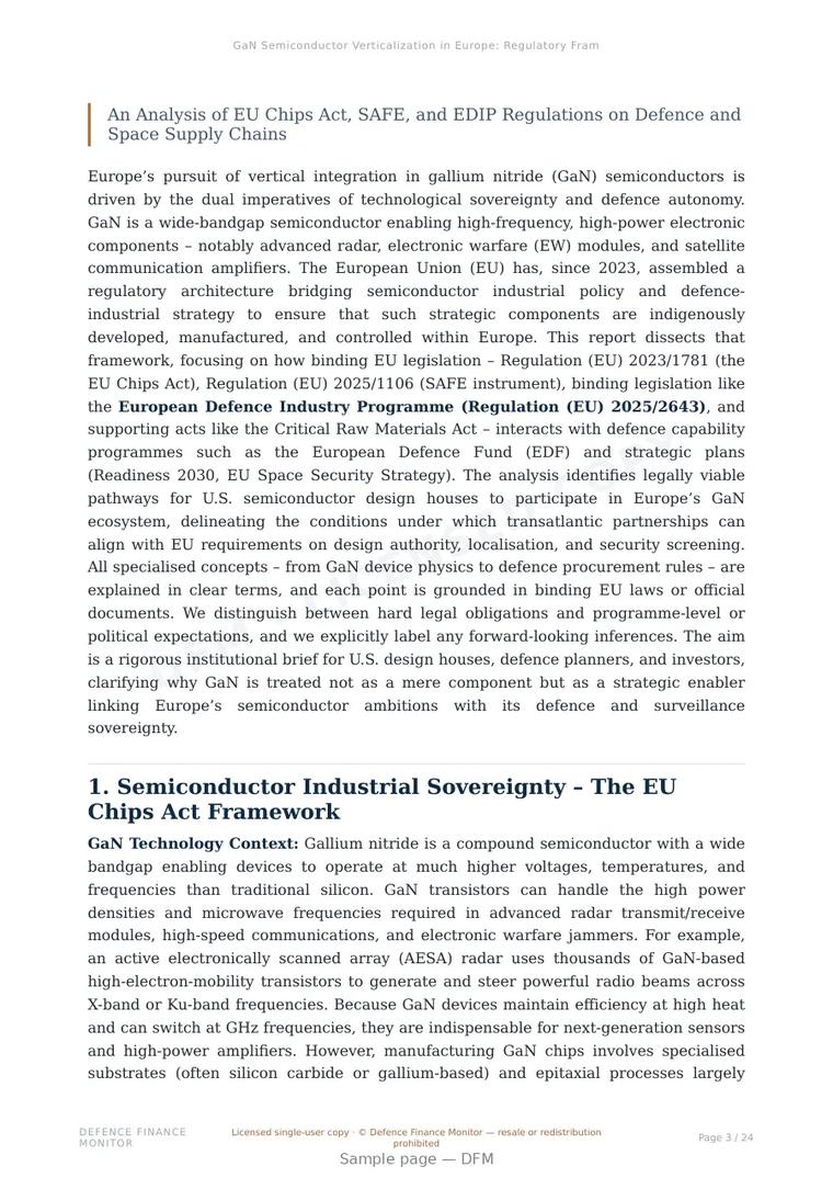 Sample page from “GaN Semiconductor Verticalization in Europe: Regulatory Framework and Entry Points for U.S. Firms” — 25-page report