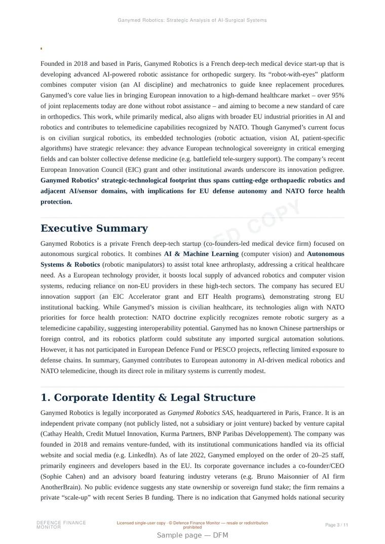 Sample page from “Ganymed Robotics: Strategic Analysis of AI-Surgical Systems and European Sovereignty” — 12-page report