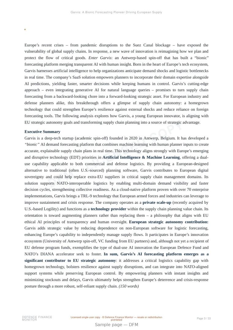 Sample page from “Garvis: A Bionic Forecasting Pioneer Driving European Supply Chain Sovereignty” — 34-page report