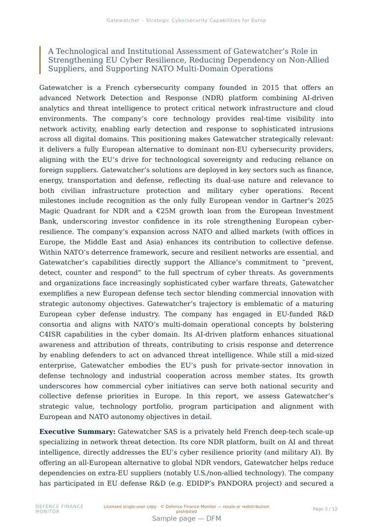 Sample page from “Gatewatcher – Strategic Cybersecurity Capabilities for European Defence” — 13-page report