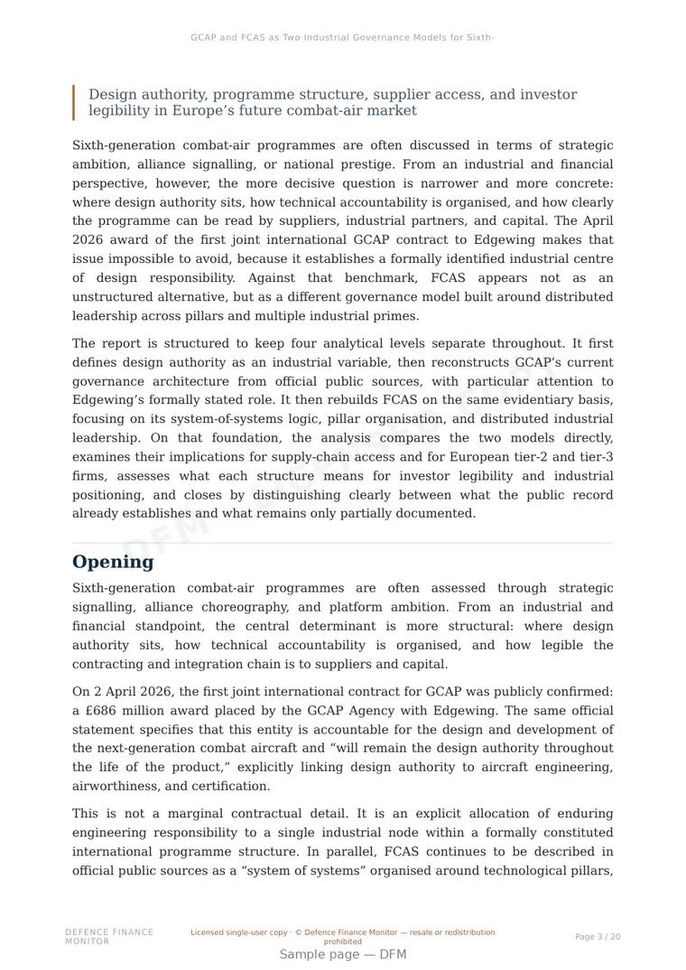 Sample page from “GCAP and FCAS as Two Industrial Governance Models for Sixth-Generation Combat Air” — 21-page report