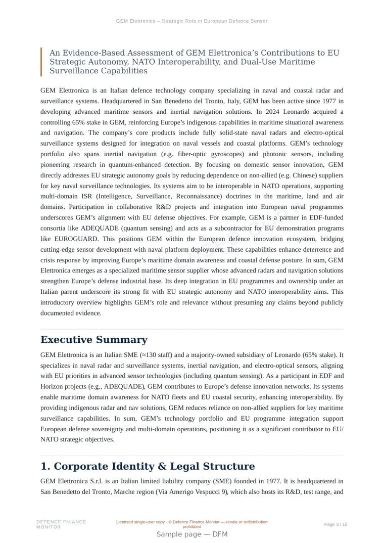 Sample page from “GEM Elettronica – Strategic Role in European Defence Sensor Technologies” — 11-page report