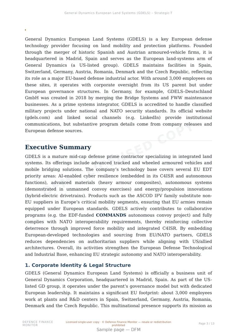 Sample page from “General Dynamics European Land Systems (GDELS) — Spain land platforms company” — 14-page report