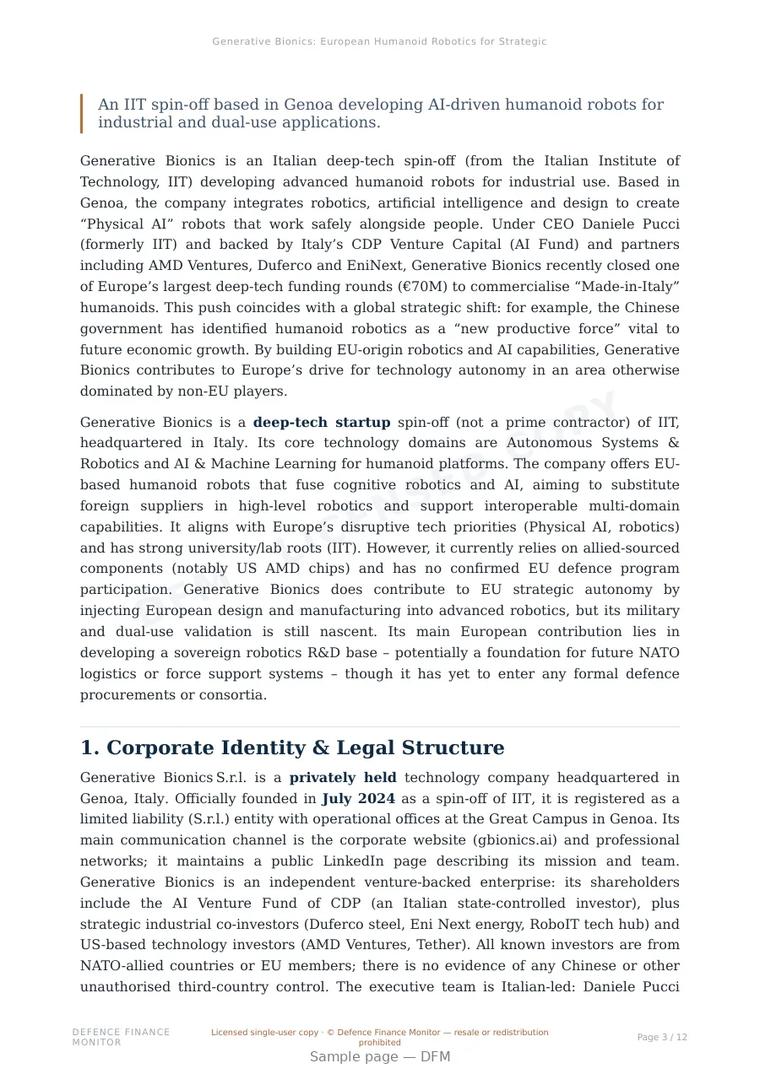 Sample page from “Generative Bionics: European Humanoid Robotics for Strategic Autonomy” — 13-page report