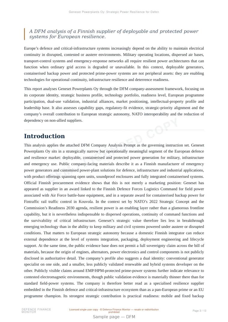 Sample page from “Geneset Powerplants Oy: Strategic Power Resilience for Defence and Critical Infrastructure” — 14-page report