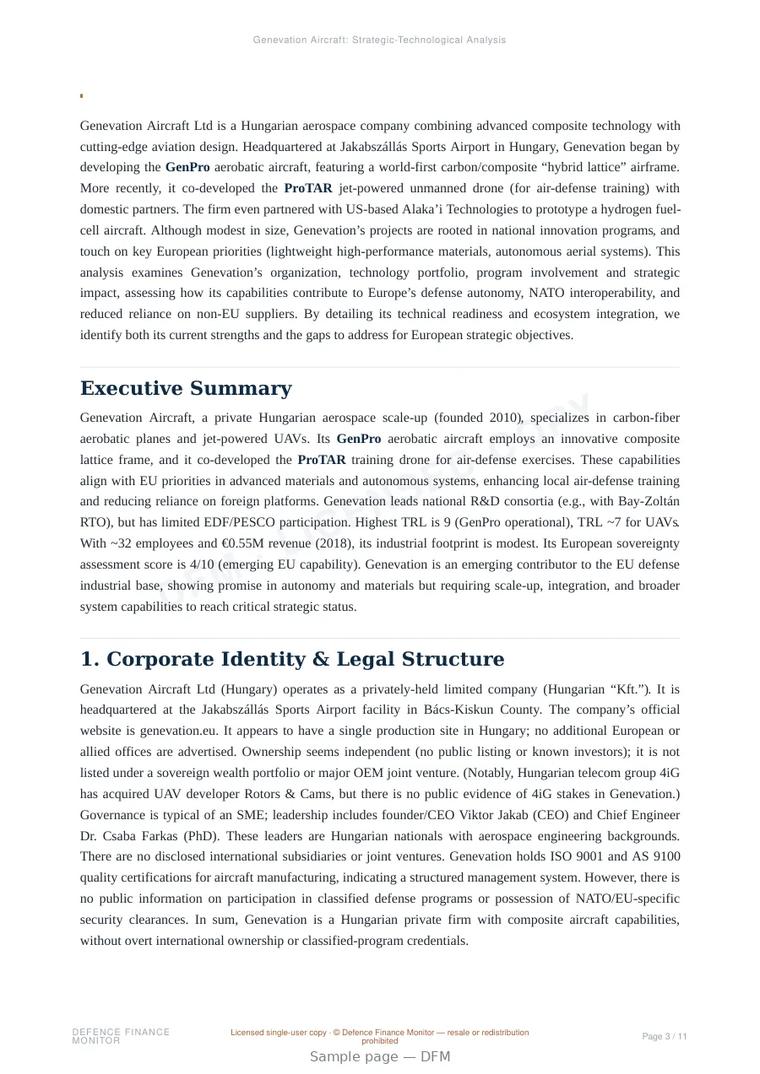 Sample page from “Genevation Aircraft Ltd — Hungary air platforms company” — 12-page report