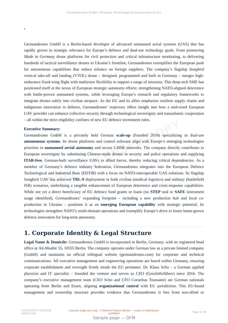Sample page from “Germandrones GmbH: Strategic-Technological Assessment for European Defence and Dual-Use Autonomy” — 40-page report