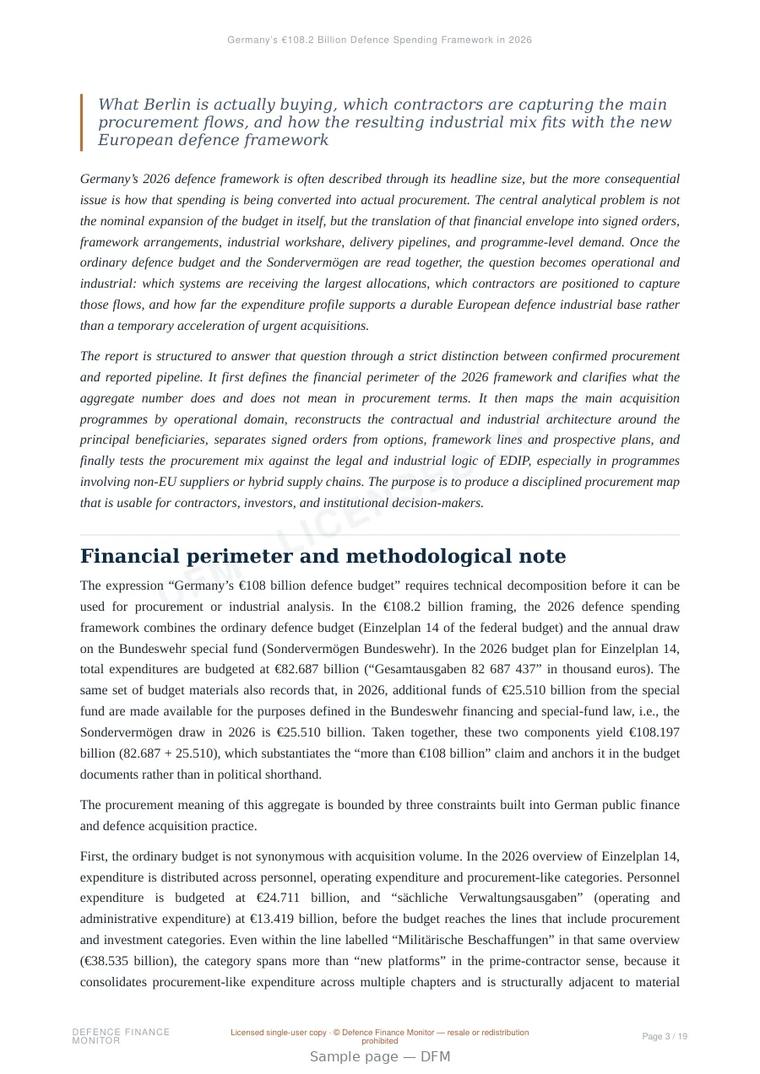 Sample page from “Germany's €108.2 Billion: How 2026 Spending Converts into Procurement” — 20-page report