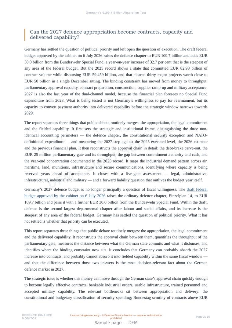 Sample page from “Germany's €109.7 Billion Absorption Test” — 17-page report