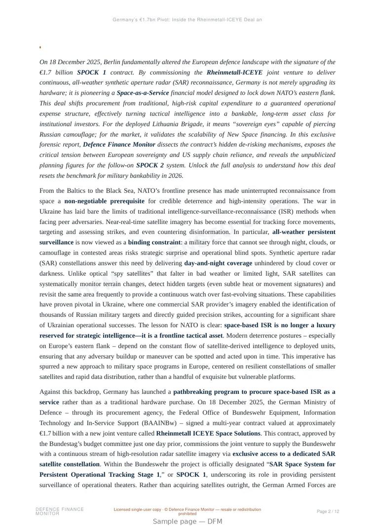 Sample page from “Germany’s €1.7bn Pivot: Inside the Rheinmetall-ICEYE Deal and the Financialisation of NATO’s ‘Space-as-a-Service’” — 13-page report