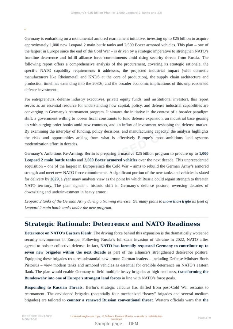 Sample page from “Germany’s €25 Billion Plan for 1,000 Leopard 2 Tanks and 2,500 Boxer Vehicles: An In-Depth Analysis” — 10-page report