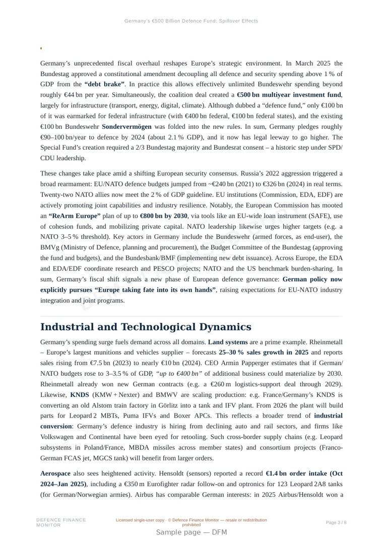 Sample page from “Germany’s €500 Billion Defence Fund: Spillover Effects” — 9-page report