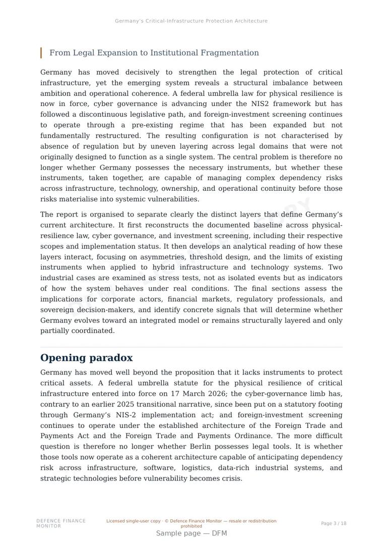 Sample page from “Germany’s Critical-Infrastructure Protection Architecture” — 19-page report