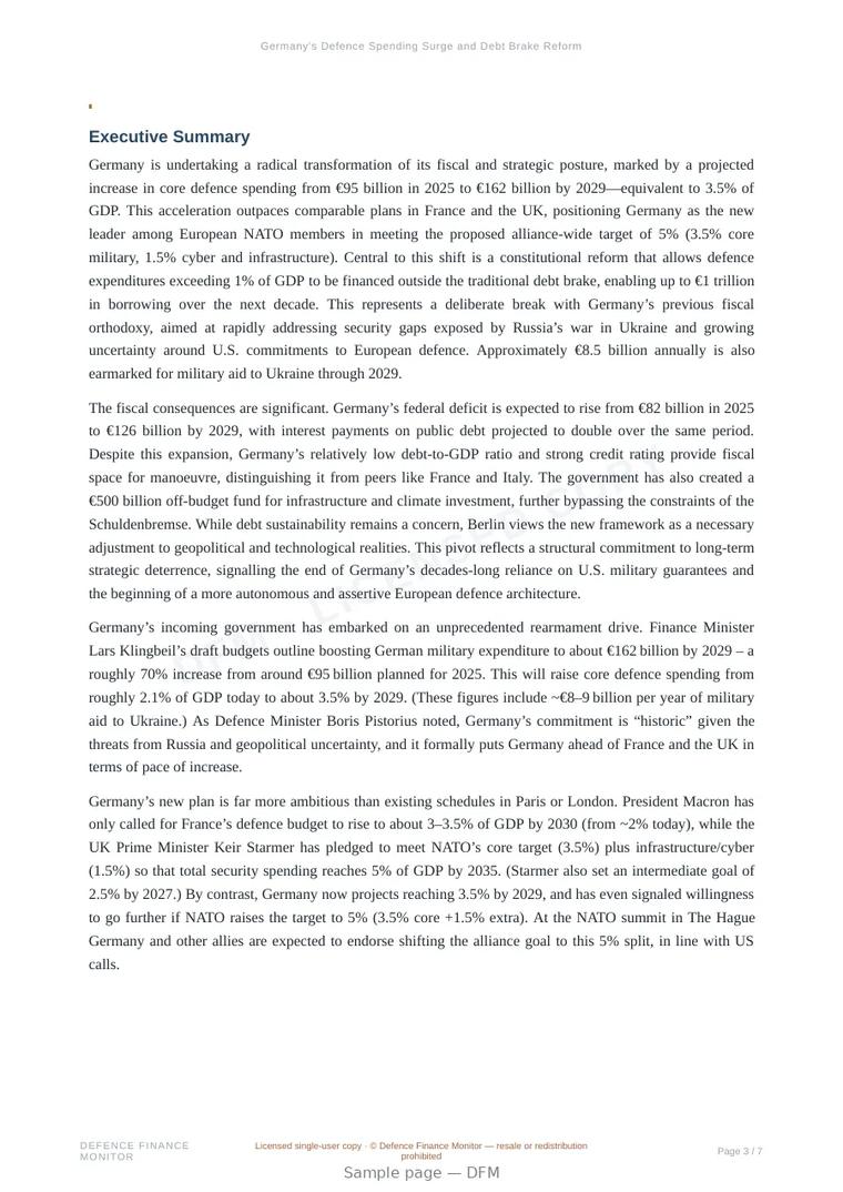 Sample page from “Germany’s Defence Spending Surge and Debt Brake Reform” — 8-page report