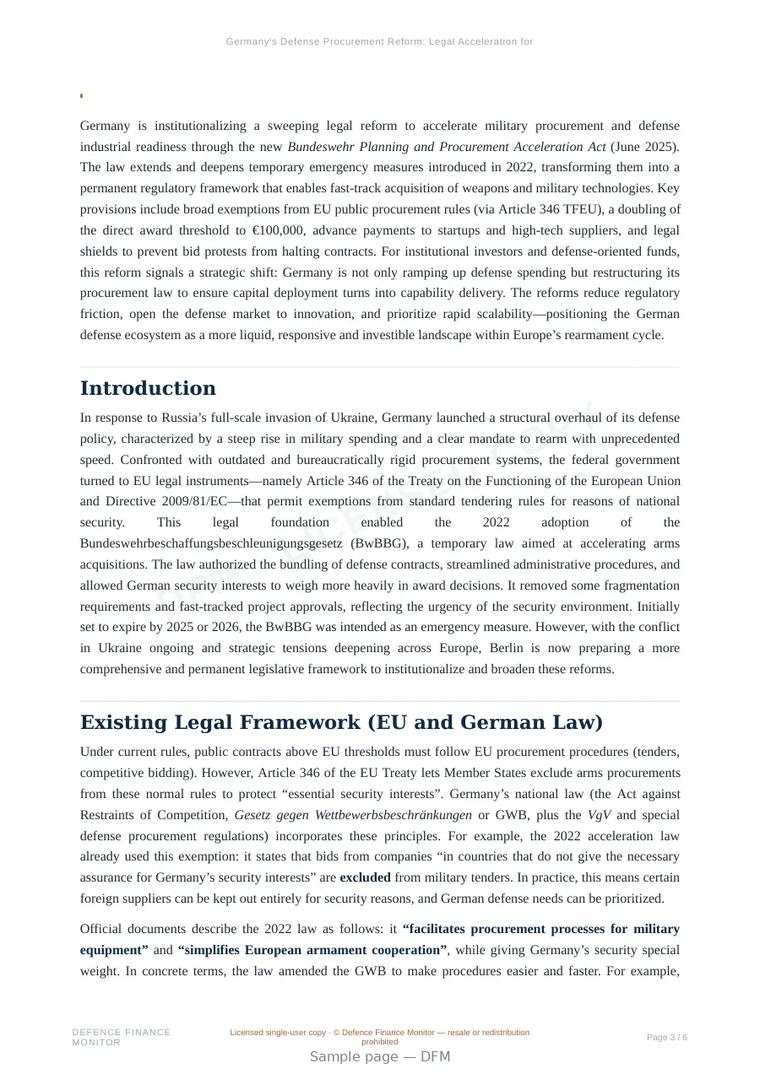 Sample page from “Germany's Defense Procurement Reform: Legal Acceleration for Strategic Rearmament” — 7-page report
