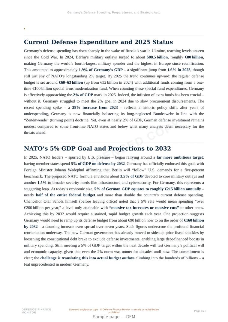 Sample page from “Germany’s Defense Spending, Preparedness, and Strategic Autonomy: 2025 and Beyond” — 9-page report