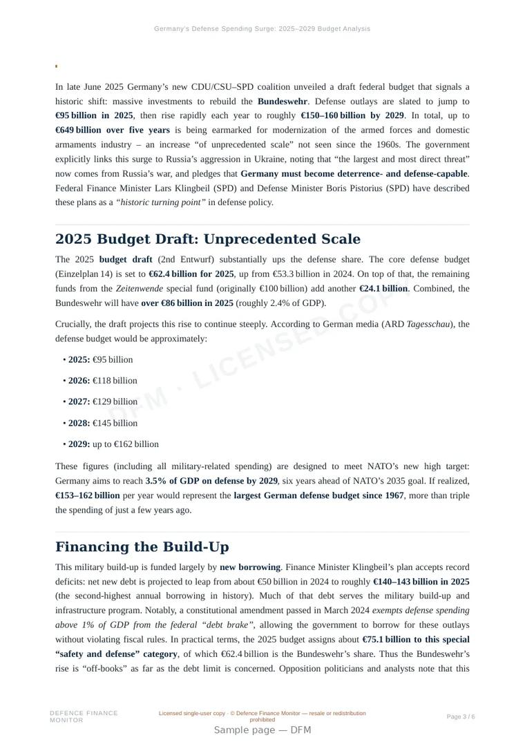 Sample page from “Germany’s Defense Spending Surge: 2025–2029 Budget Analysis” — 7-page report