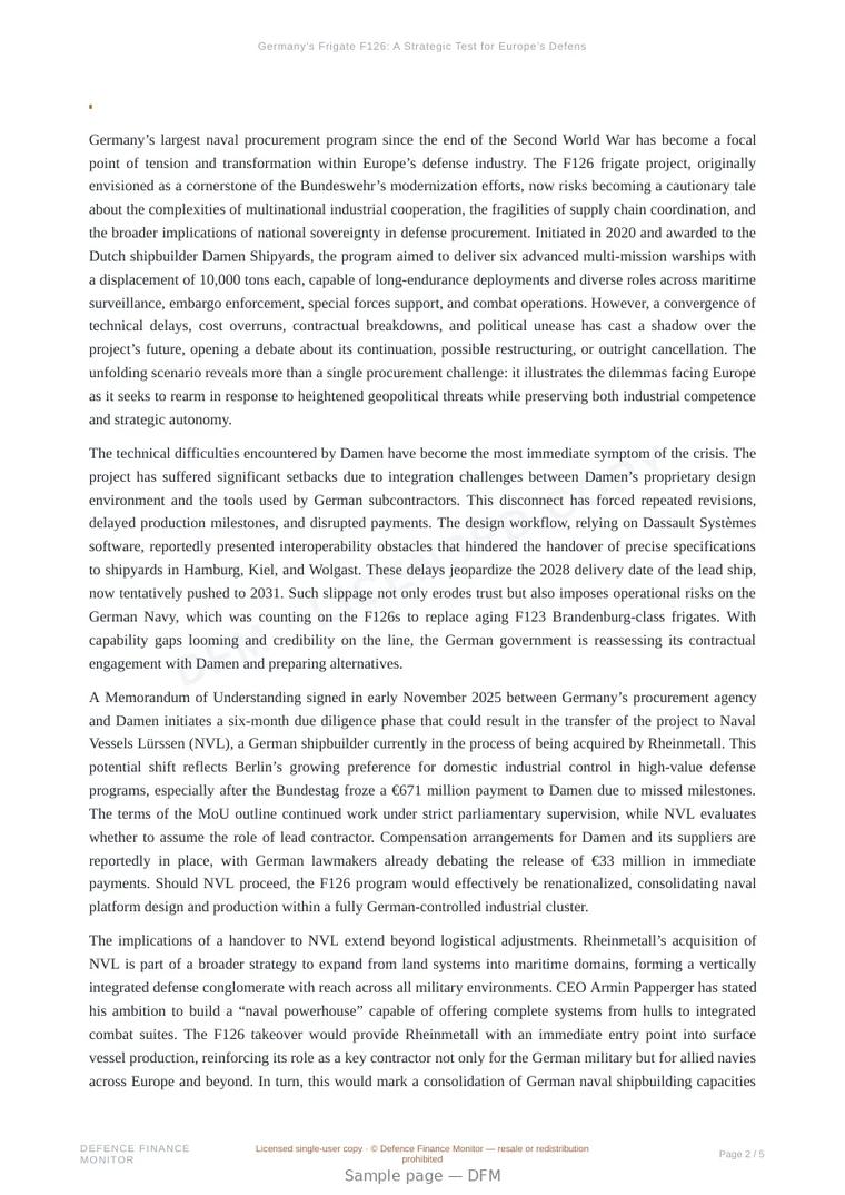 Sample page from “Germany’s Frigate F126: A Strategic Test for Europe’s Defense Industry” — 6-page report
