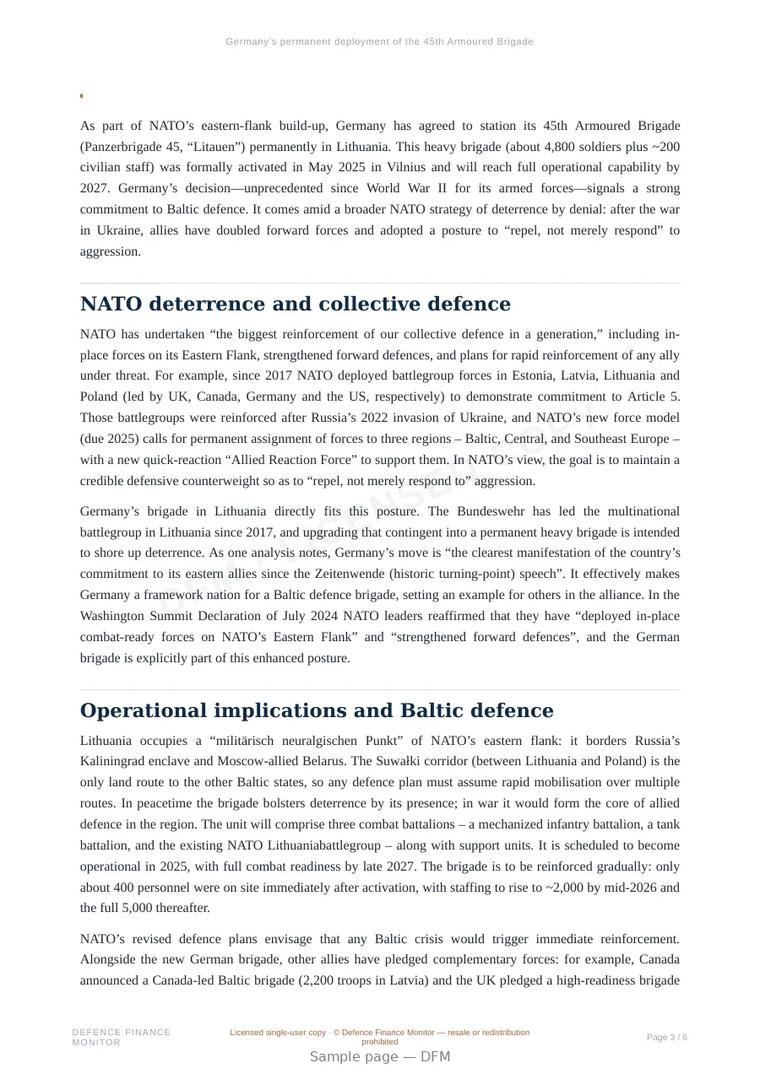 Sample page from “Germany’s permanent deployment of the 45th Armoured Brigade in Lithuania: Strategic, operational, and industrial implications” — 7-page report