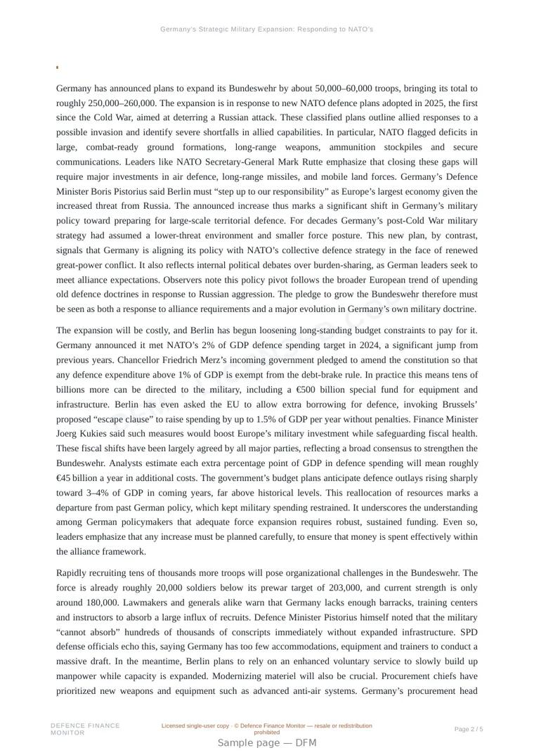 Sample page from “Germany’s Strategic Military Expansion: Responding to NATO’s New Defence Demands” — 6-page report