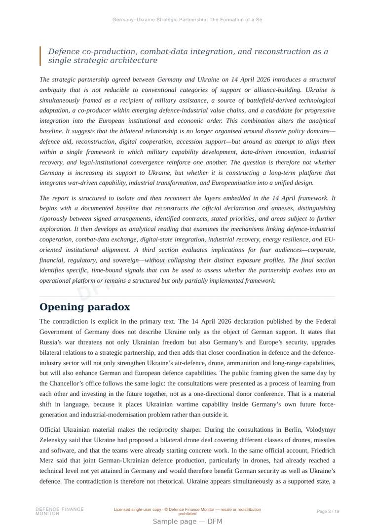 Sample page from “Germany–Ukraine Strategic Partnership: The Formation of a Security-Industrial Platform” — 20-page report