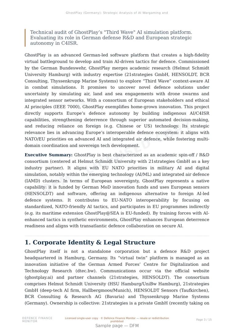 Sample page from “GhostPlay (Germany): Strategic Analysis of AI Wargaming and Defense Innovation” — 16-page report