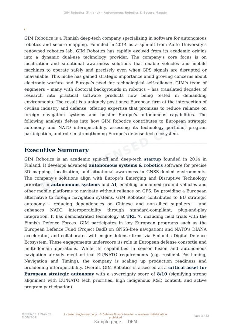 Sample page from “GIM Robotics (Finland) – Autonomous Robotics & Secure Mapping Software” — 33-page report
