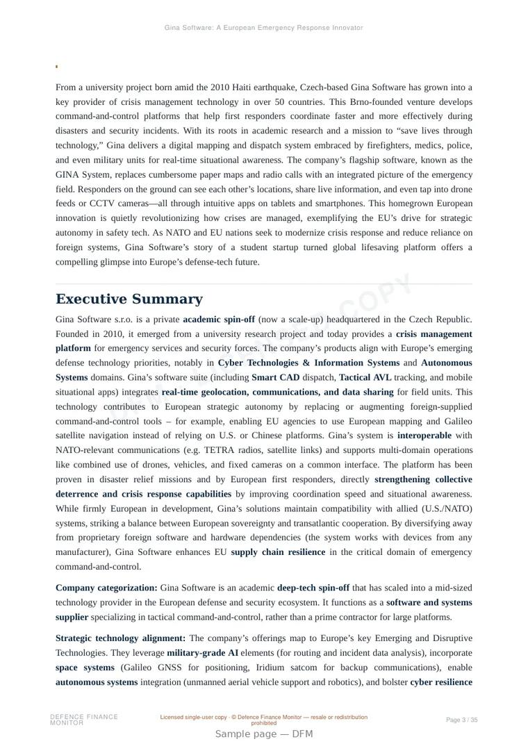 Sample page from “Gina Software: A European Emergency Response Innovator” — 36-page report